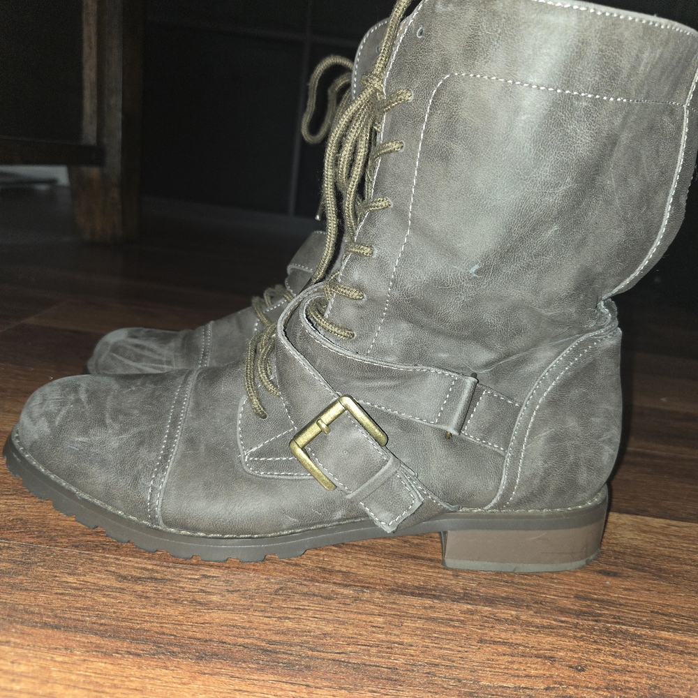 JustFab Gray Lace-Up Combat Boots with Buckle Accent